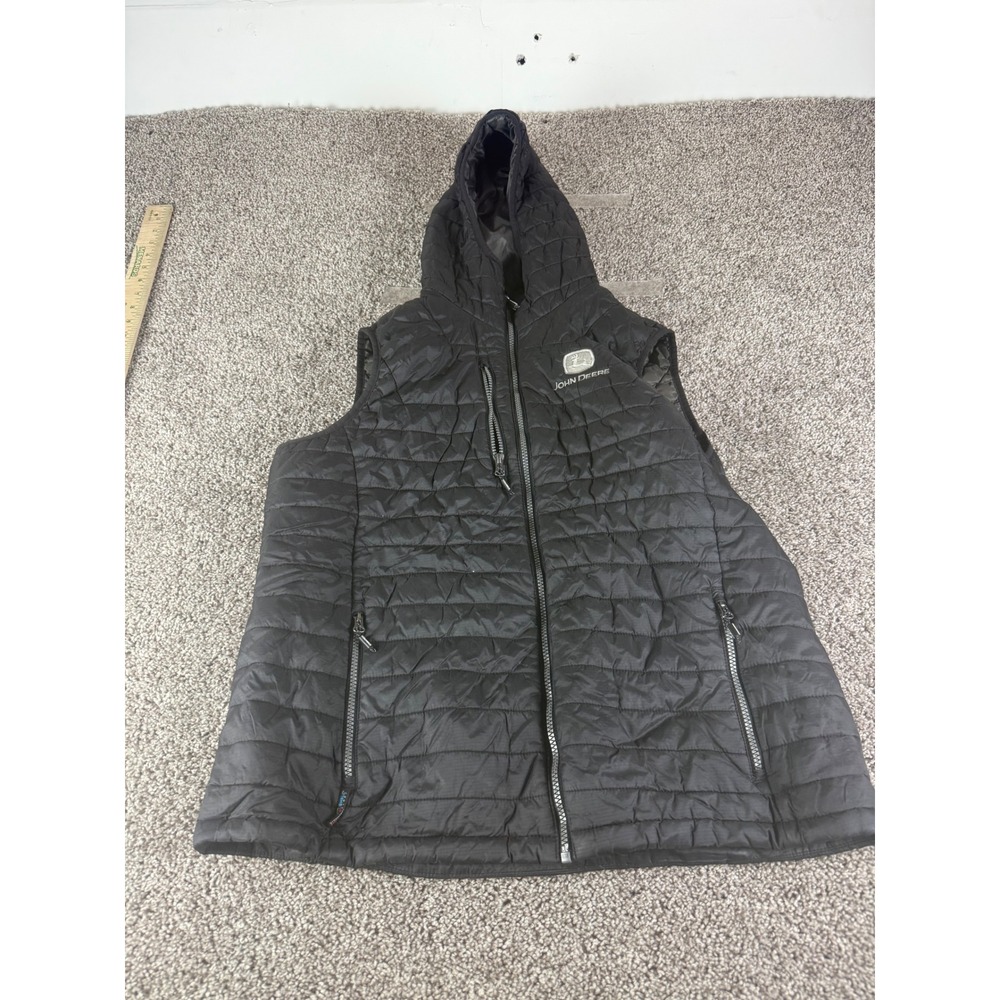 John Deere Stormtech Performance Women 2XL Black Hooded Puffer Vest Quilted Zip